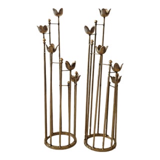 Brass Flower Motif Candelabra -a Pair For Sale