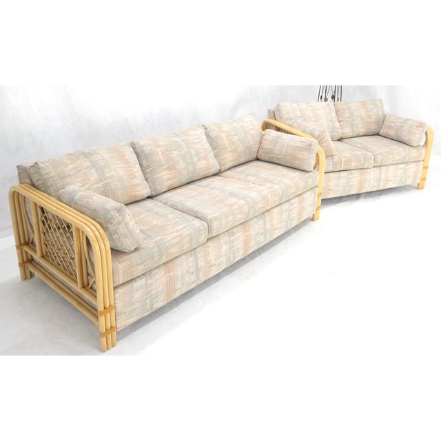Tan Pair Bent Bamboo Frames Linen Like Upholstery Mid Century Modern Sofa Loveseat For Sale - Image 8 of 13
