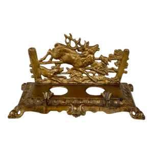 Vintage Traditional Brass Elk Stag Hunting Motif Library Pen Rest Inkwell