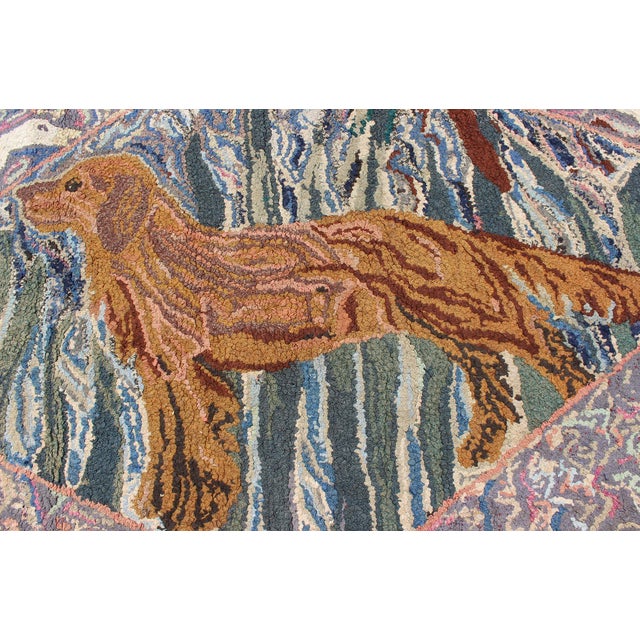 Brown American Hooked Rug With a Golden Retriever With Different Type of Birds For Sale - Image 8 of 11