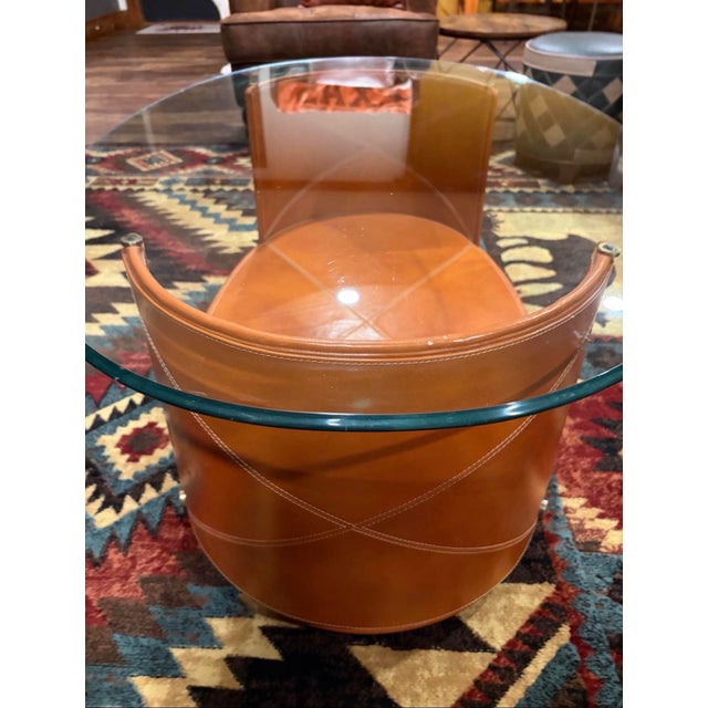 Early 21st Century Postmodern Cognac Leather & Glass Oval Coffee Table With Sculptural Base For Sale - Image 5 of 11