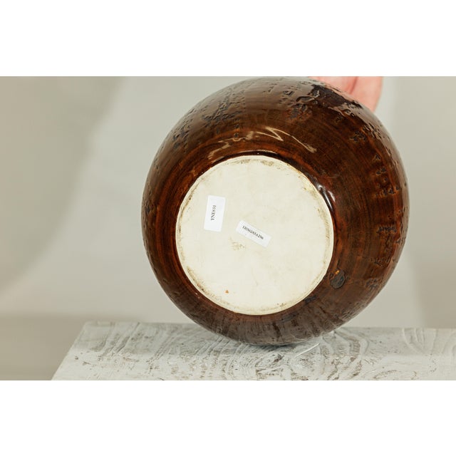 Large Artisan Ceramic Vase with Textured Amber-Brown Glaze and Teardrop Form For Sale - Image 11 of 18