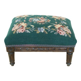 French Louis XVI Style Green Needlepoint Vintage Footstool For Sale
