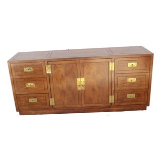 Vintage Henredon Campaign Style Oak & Brass Sideboard / Credenza For Sale