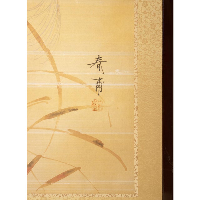 "Tit and Chrysanthemums", Showa Era Japanese Painted Silk Bybu Screen For Sale - Image 15 of 18