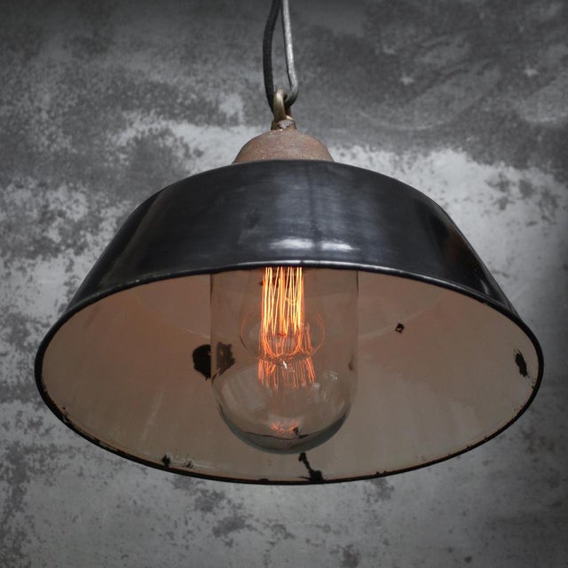 Vintage Industrial Black Enamel Pendant Light in Cast Iron and Clear Glass For Sale - Image 6 of 8
