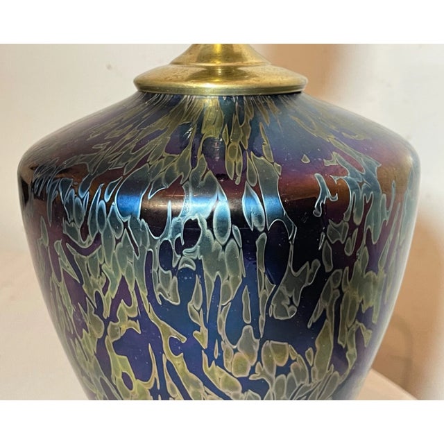 Glass Vintage Hand Blown Iridescent Aurene Studio Lustre Glass Electric Table Lamp For Sale - Image 7 of 16