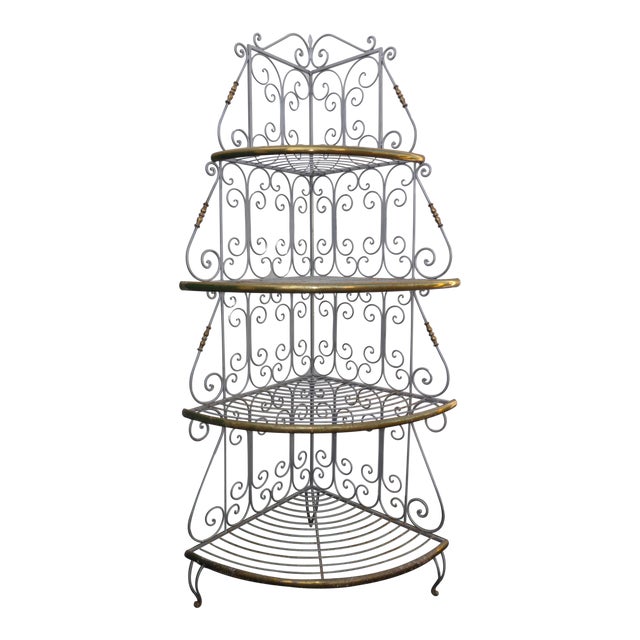 Vintage French Country White Wrought Iron & Brass Corner Bakers Rack