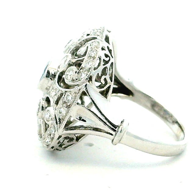 Traditional Antique-Style 14K White Gold Sapphire & Diamond Filigree Ring For Sale - Image 3 of 12