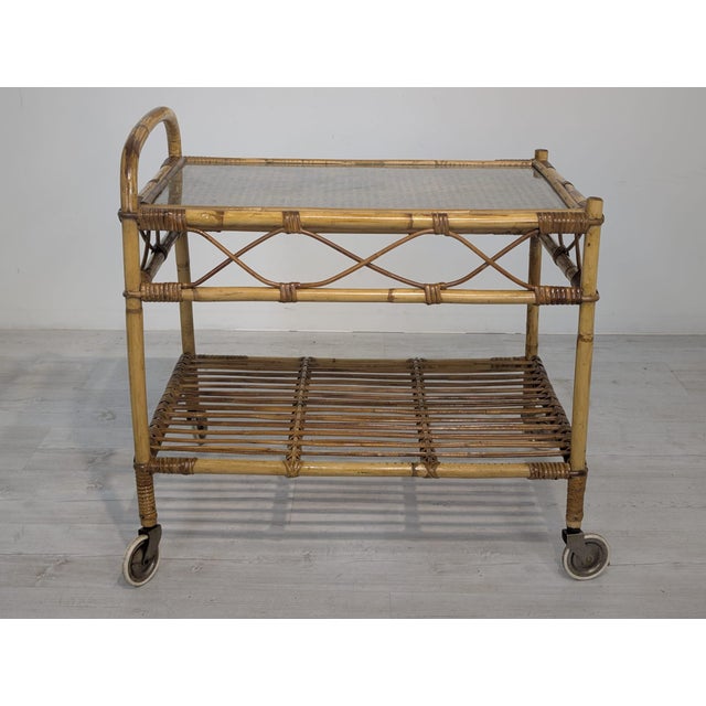 Scandinavian Rattan, Raffia and Glass Serving Cart, 1960s For Sale - Image 3 of 14