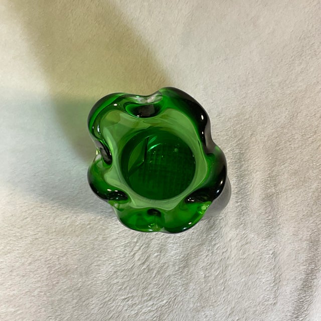 Glass Vintage MCM Handmade Green Swung Dimple Vase Glass Art For Sale - Image 7 of 12