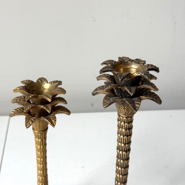 Metal Brass Palm Tree Candlestick Holders: A Pair For Sale - Image 7 of 7