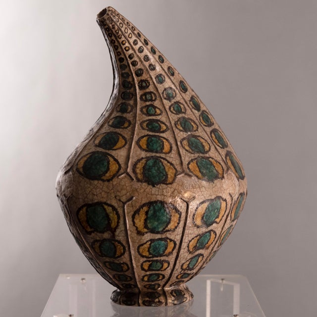 Archaic vase by Carlo Zauli 1953 Polychrome majolica Faenza Vase in polychrome majolica, pear-shaped with an asymmetrical...