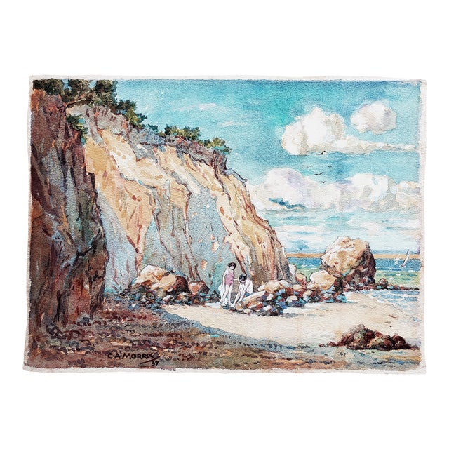 Original 1930s Watercolor Painting of Beach and Bathers For Sale