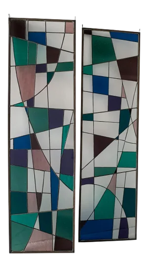 Mid Century Geometric Abstract Stained Glass Panels - a Pair