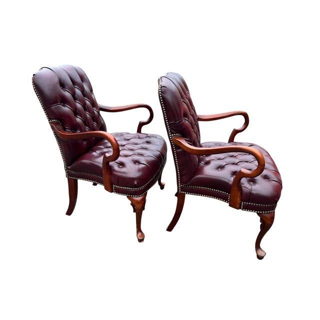 Late 20th Century Late 20th Century Pair Red Chesterfield Tufted Leather Gooseneck Library Armchairs For Sale - Image 5 of 15