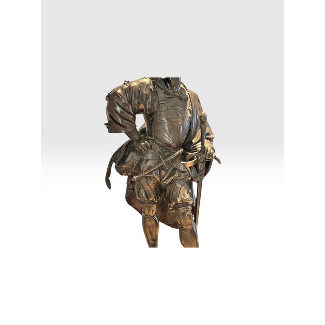 Antique 25” Signed 19th Century French Bronze Sculpture the Landsknecht Cavalier by Albert-Ernest Carrier Belleuse For Sale In Portland, ME - Image 6 of 12