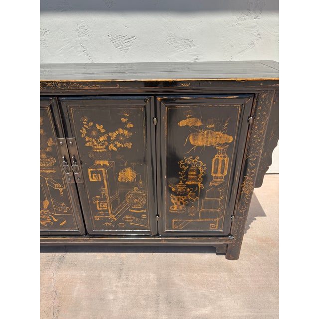 Wood Vintage Chinese Black Lacquer Chinoiserie Sideboard W/ Hand-Painted Gilt Decoration For Sale - Image 7 of 15