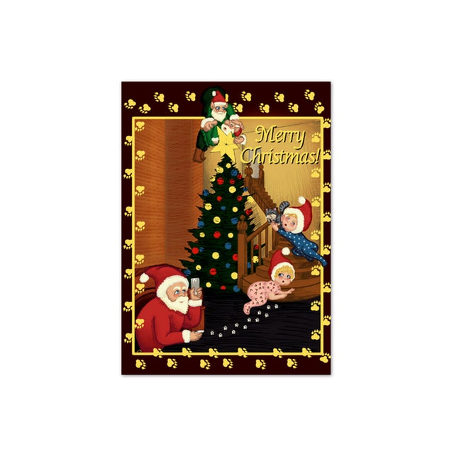 "No Milk or Cookies for Santa" shows a homely scene where the family cat decided to eat the cookies and drink the milk...