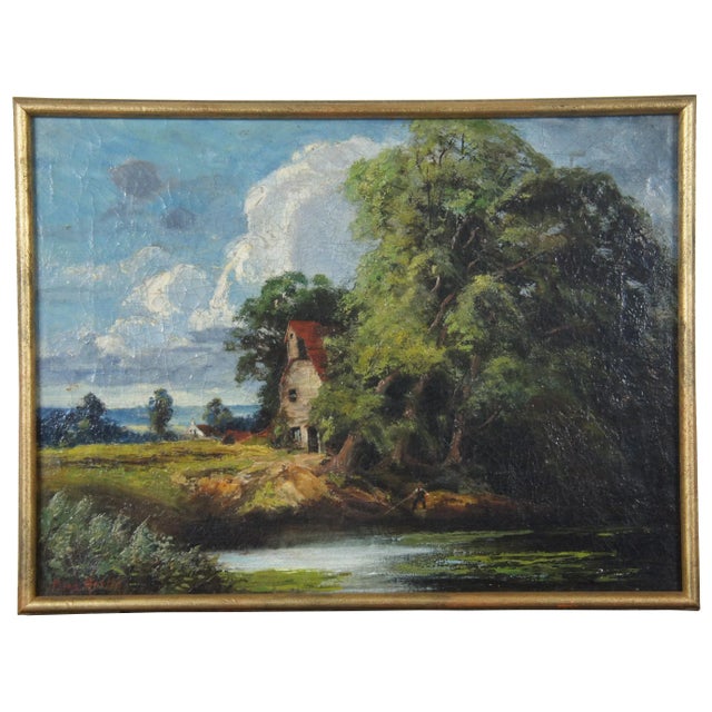 Antique European Fisherman River Cottage Oil Landscape on Canvas by Charles Martin For Sale - Image 13 of 13