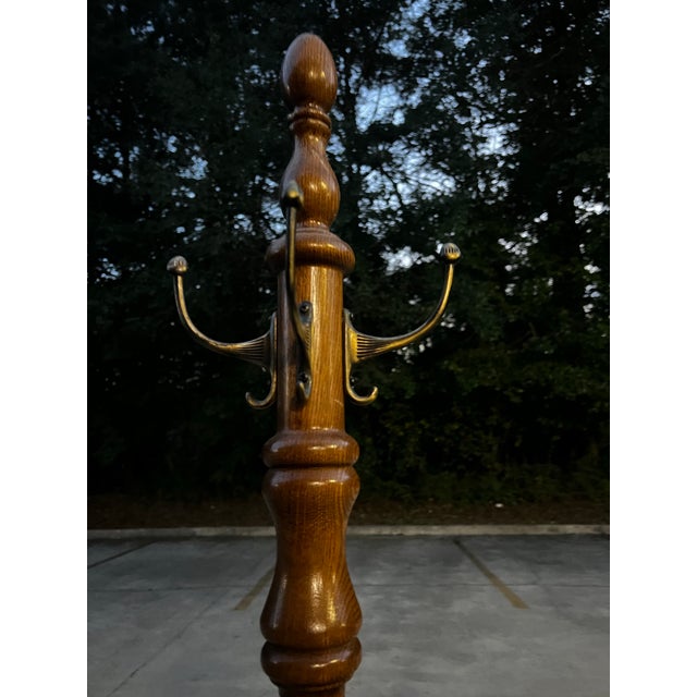 Mid-Century Modern Vintage MCM Tall Wooden Coat Rack With Brass Hooks For Sale - Image 3 of 12
