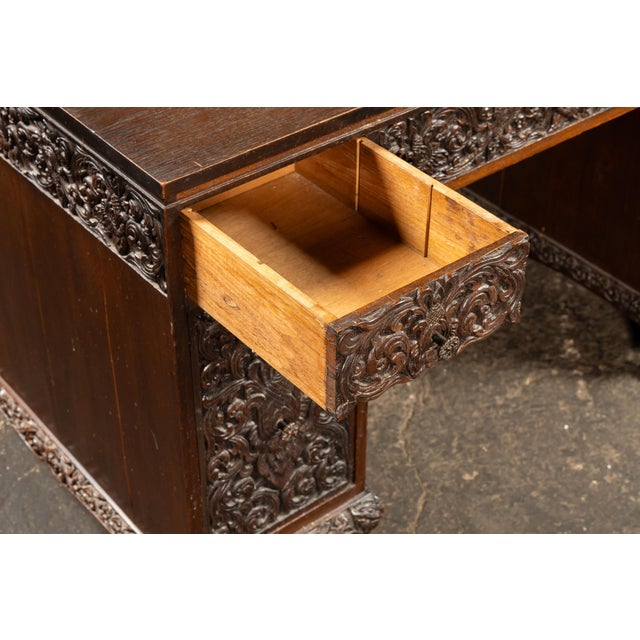 Hand-Carved Indonesian Floral Kneehole Desk For Sale - Image 15 of 16