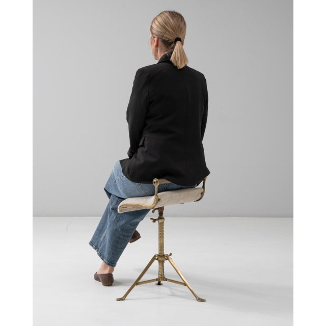 Early 20th Century 1920s French Brass Adjustable Stool With Upholstered Seat and Tripod Base For Sale - Image 5 of 18