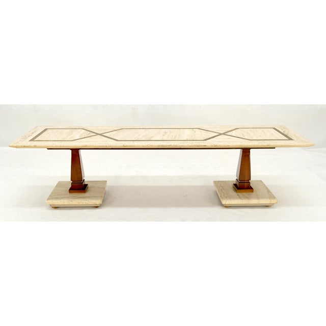Inlayed Travertine Top & Base 18x60" Rectangle Mid Century Modern Coffee Table MINT