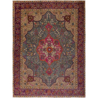 1980s Shabby Chic Vintage Distressed Gray/Purple Wool Rug - 9′6″ × 12′2″ For Sale