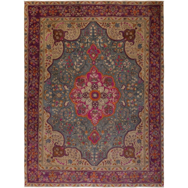 1980s Shabby Chic Vintage Distressed Gray/Purple Wool Rug - 9′6″ × 12′2″ For Sale