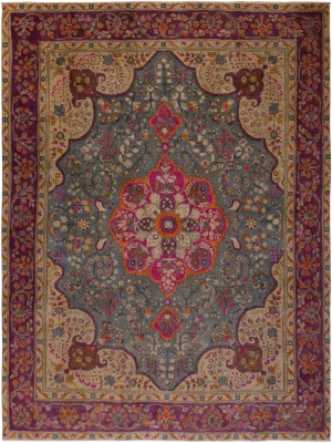1980s Shabby Chic Vintage Distressed Gray/Purple Wool Rug - 9′6″ × 12′2″