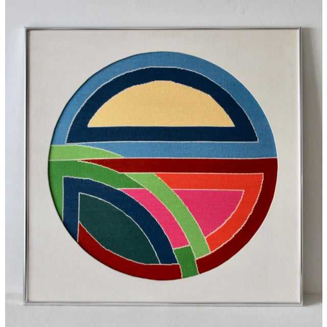1980s Frank Stella Sinjerli Variation Style Abstract Geometric Modernist Monumental Tapestry Needlepoint Framed For Sale In Miami - Image 6 of 8