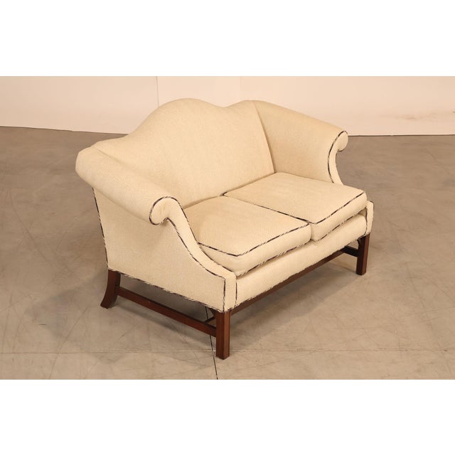 High Quality American Made Upholstered Loveseat By Ethan Allen Featuring A Chippendale Style Frame With Rolled Arms,...