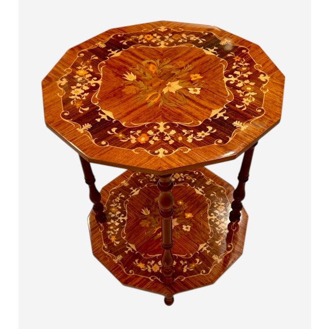 Antique Inlaid Mahogany Octagon Two‑Tier Side Table — Floral Marquetry For Sale - Image 10 of 12
