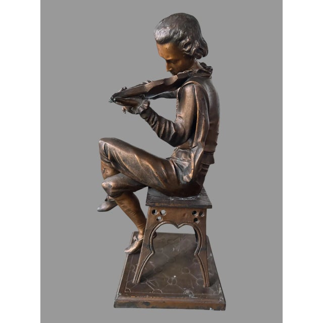 Brown Antique Victorian Cast Metal 12.5" Figural Statue Sculpture Violin Player For Sale - Image 8 of 12