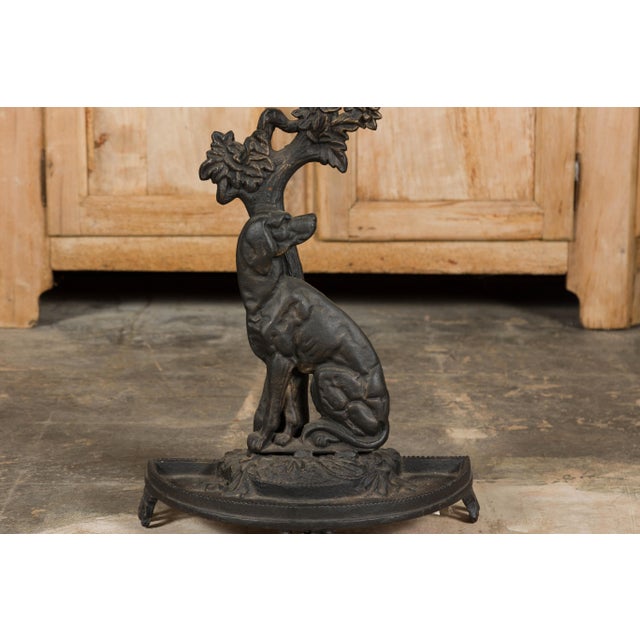 Metal English Iron Umbrella Stand Depicting a Dog Sitting in front of a Tree For Sale - Image 7 of 11