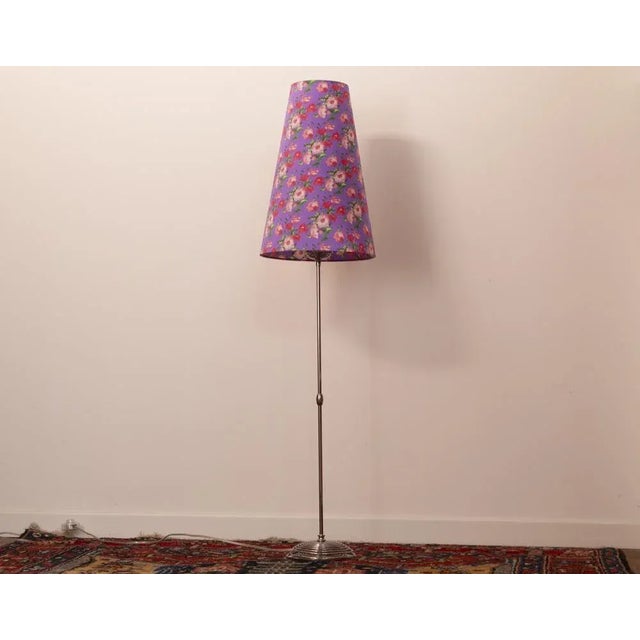 1990s Vintage Chrome Floor Lamp with Handmade Purple Floral Decorated Shade, Italy For Sale - Image 5 of 13