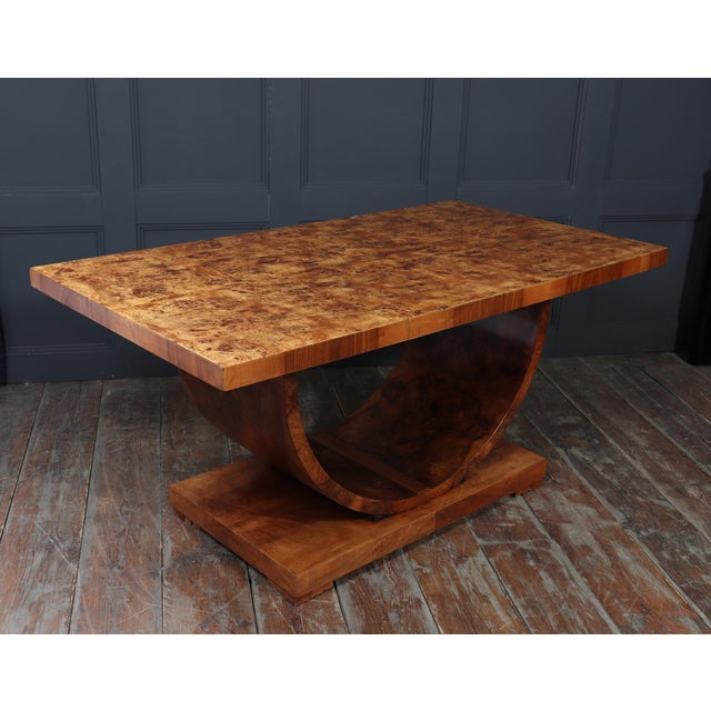Wood Art Deco French U-Base Dining Table in Burr Walnut, 1930s For Sale - Image 7 of 15