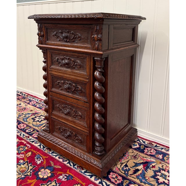 Antique French Marble Top Chest Side or End Table Nightstand Barley Twist Oak For Sale - Image 15 of 18