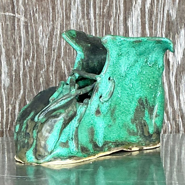 Tiffany Blue Vintage Boho Slab Built Studio Pottery Shoe Sculpture Z For Sale - Image 8 of 9