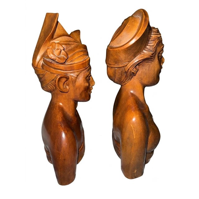 Vintage Hand-Carved Balinese Hardwood Busts Pair For Sale - Image 4 of 7