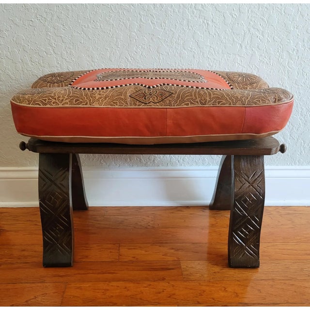 Handcrafted Moroccan Camel Saddle, Genuine Leather Cushion Stool / Orange and Tan For Sale In Orlando - Image 6 of 10