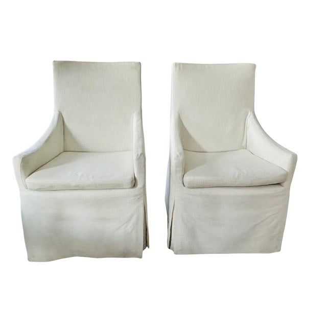 2010s Pair Restoration Hardware Belgian Slipcovered Slope Arm Dining Armchair – Luxury Skirted Host Chair For Sale - Image 5 of 12