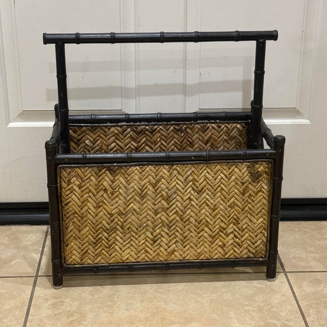Boho Chic 1970 Palecek Bamboo Rattan 2 Compartment Magazine Rack With Handle For Sale - Image 3 of 8