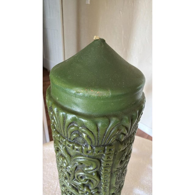 Wax Vintage 60s-70s Carved Dk Olive Green Pillar Candle For Sale - Image 7 of 9