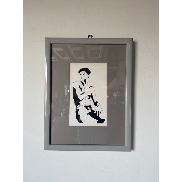 Abstract 1980s Vintage Figurative Sitting Nude Man Painting on Paper by Whitman, Framed For Sale - Image 3 of 12