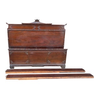 1930s Vintage Chinoiserie Pagoda Wood Carved Full Double Bed Frame For Sale