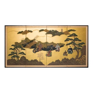 "The Tale of Genji", 1950s Showa Era Japanese Painted Byobu Screen For Sale