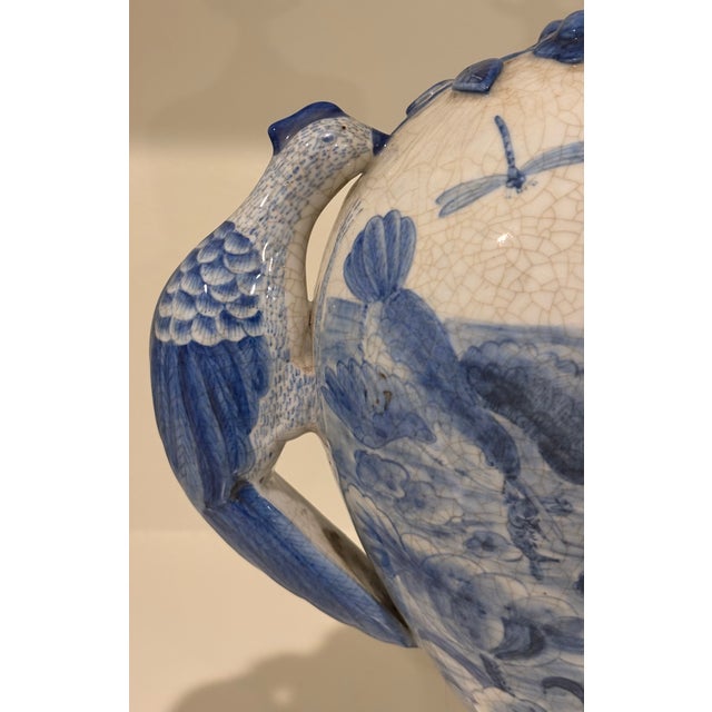 Chinoiserie Large Scale Chinoiserie Blue and White Porcelain Table Lamp With Sculptural Bird Handles For Sale - Image 3 of 14