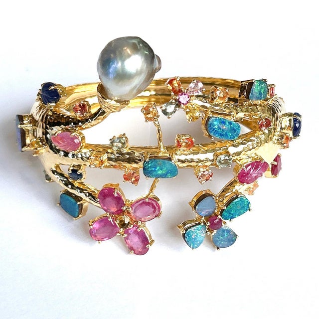 Bochic “Capri” Ruby, Sapphire, Opal, Pearl & Multi Gem Cuff Set In 18K & Silver For Sale - Image 10 of 10